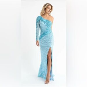 Primavera Couture Light Blue One-Shoulder Gown